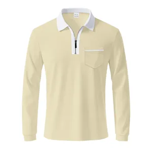Vorderansicht vom Langarm-Poloshirt mit Reißverschluss und Kontrastkragen-Detail.