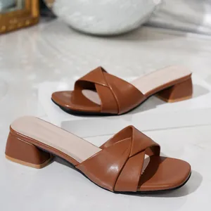 Sandalias de Mujer Retro de Punta Cuadrada con Tacón de Bloque de Cuero de Microfibra con Correa Cruzada Pantuflas Minimalistas de Verano