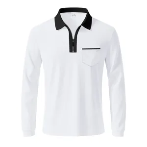 Detailansicht eines weißen Langarm-Poloshirts mit schwarzem Reißverschluss und Tasche