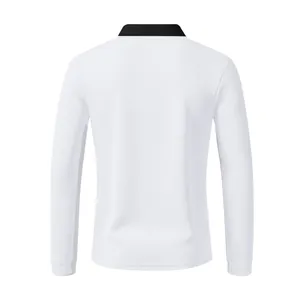 Rückansicht eines atmungsaktiven weißen Langarm-Poloshirts für Herren mit schwarzem Kragen