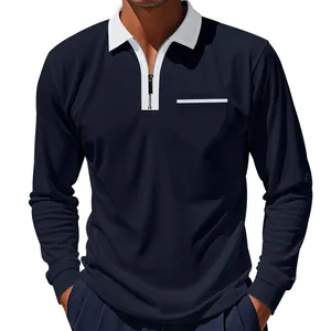 Detail des Langarm-Poloshirts für Herren mit weißem Kragen und halbem Reißverschluss