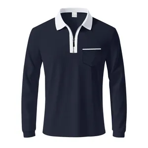 Detailansicht des dunkelblauen Langarm-Poloshirts mit weißem Kontrastkragen und Reißverschluss