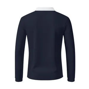 Rückansicht eines dunkelblauen Herren-Langarm-Poloshirts aus atmungsaktivem Mesh
