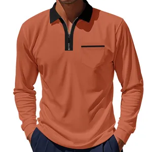Detailansicht des Herren Polo-Shirts in Cognac-Farbe mit schwarzem Reißverschluss