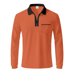 Detailansicht orangefarbenes Langarm-Poloshirt mit schwarzem Reißverschluss und Tasche