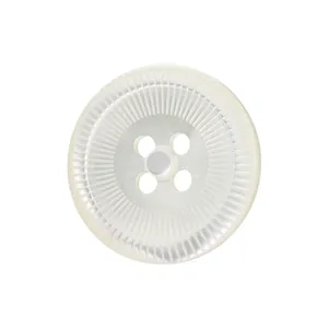Elegant white 4-hole pearlescent shell button featuring a radial striped texture for high-end clothing