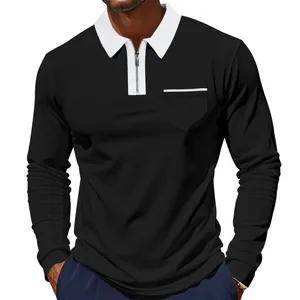 Detailed view of men's black polo shirt with white contrast collar and zipper closure