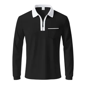 Detailansicht eines schwarzen Herren-Langarm-Poloshirts mit weißem Reißverschluss