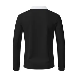 Rückansicht eines schwarzen langärmeligen Polo-Shirts mit weißem Kragen Design.