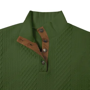 Nahaufnahme des olivgrünen Jacquard-Strickkragens eines Vintage-Henley-Sweatshirts