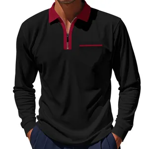Herren Langarm-Poloshirt mit Reißverschluss und Tasche in Schwarz und Weinrot