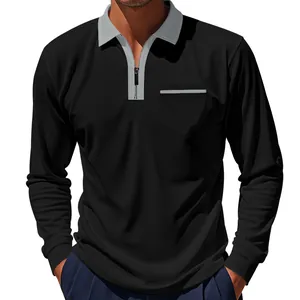 Schwarzes Langarm-Poloshirt für Herren mit grauem Reißverschlusskragen und Brusttasche