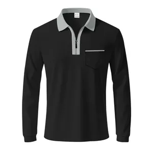 Vorderansicht Detail von Herren-Poloshirt mit grauem Reißverschlusskragen und Tasche.