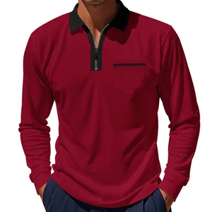Detail eines weinroten langärmeligen Herren-Poloshirts mit Reißverschluss für Golfsport