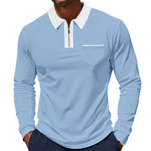 Men's light blue long sleeve polo shirt featuring a white collar and zipper closure