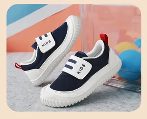 Comfortable breathable navy blue mesh kids walking shoes with white Velcro strap