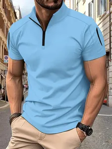 Detail view of light blue men's tactical polo with zipper collar and side arm pocket