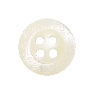 Premium cream-colored shell button with four holes and engraved geometric pattern