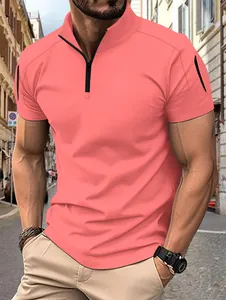 Close-up of men's tactical Polo shirt with zipper neck and arm pocket in coral pink