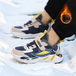 Boys Winter Warm Fleece Lined Sports Shoes Color Block Kids Running Sneakers Hook and Loop Non-Slip Padded Outdoor Shoes