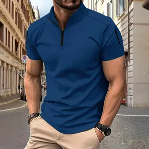 Men's navy blue tactical quarter-zip polo shirt with short sleeves and arm pockets
