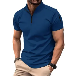 Tactical men's short sleeve polo shirt with quarter zip and sleeve pocket in navy blue