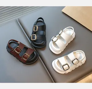 Variety of breathable children's buckle sandals in black, white, and brown colors
