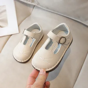 Cute cream white children's leather shoes with cartoon rabbit ears and soft soles