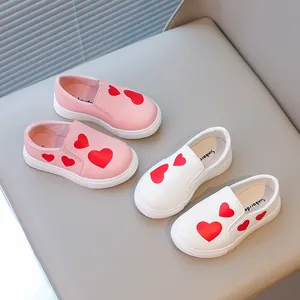 Adorable girls' slip-on leather shoes with red heart patterns for toddlers and kids