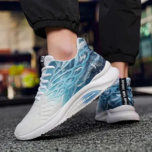 Ademende hardloopschoenen voor heren blauw-wit kleurverloop met 6 cm dikke gedempte zool