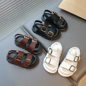Kids Summer Korean Style Open Toe Sandals Breathable Beach Shoes PU Leather Hook And Loop Casual Soft Sole Sandals For Boys Girls