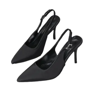 Elegante schwarze spitze Slingback-Stilettos mit verstellbarer Schnalle für Damen