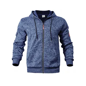 Heavyweight blue cationic fleece zip-up hoodie with functional sleeve utility pocket
