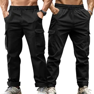 Men's black tactical outdoor cargo pants featuring drawstring waist and multiple pockets
