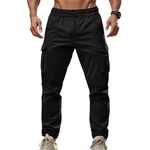 Detailed front view of men's black tactical cargo pants with large side pockets