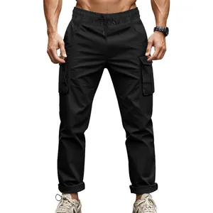 Front view of black men's tactical cargo pants with drawstring waist and pockets.