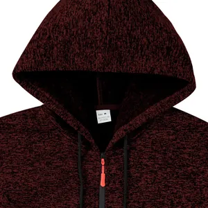 Detail view of burgundy heathered cationic zip-up hoodie showing collar tag and zipper