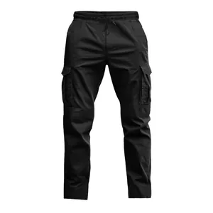 Front view of black outdoor tactical cargo pants with multi-pockets and drawstring waist.