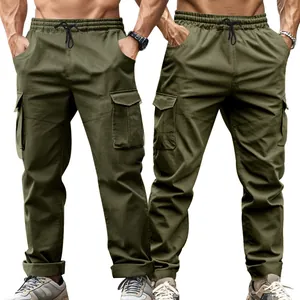 Detail view showing tactical cargo pockets and elastic waistband on olive green pants.