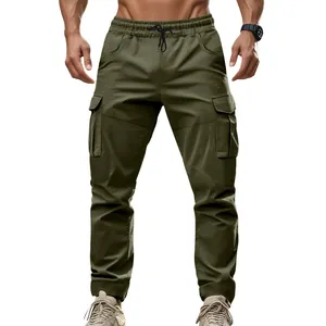 Front view of men's olive green tactical cargo pants featuring a comfortable drawstring waist.