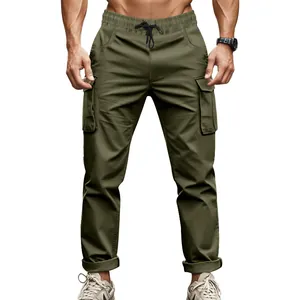 Men's military green tactical cargo pants featuring elastic drawstring waist and pockets.
