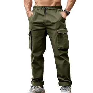 Detailed view of men's olive green tactical cargo pants with elastic drawstring waist