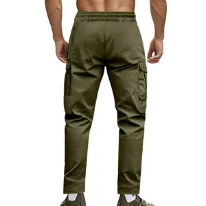 Detailed back view of olive green men's tactical outdoor cargo pants with utility pockets