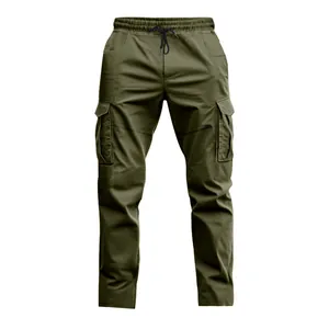 Detail view of military green tactical cargo pants with drawstring waist and cargo pockets.
