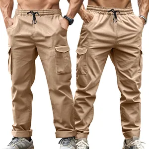 Detail view of men's khaki tactical cargo pants featuring large side flap pockets