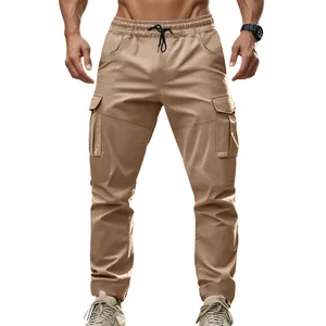 Tactical khaki cargo pants for men featuring elastic waist and side pockets for outdoor wear