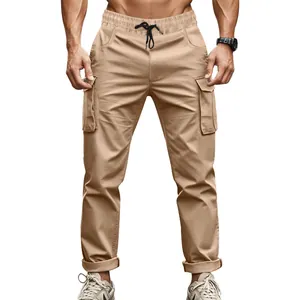 Detailed view of men's khaki tactical cargo pants with large side pockets