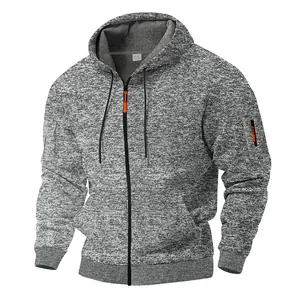 Detail view of men's heavy fleece zip-up hoodie with cationic fabric texture