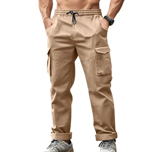 Front view of men's khaki cargo pants with elastic waist and cargo pockets on a model