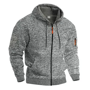 Close-up of men's heavy fleece zip-up hoodie featuring vintage heather grey texture